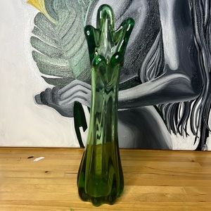 Vase Five Finger Green Art Glass Swung Stretch Vintage 10.5" Tall